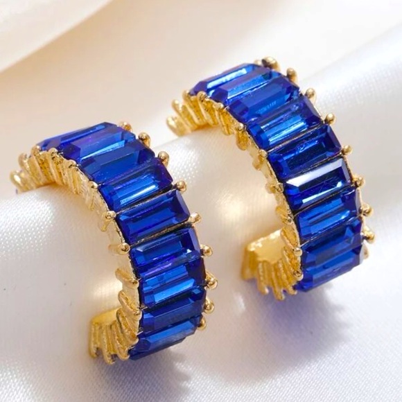 Blue Cubic Zirconia 14k Gold Hoops - Picture 1 of 4
